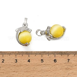 キャッツアイペンダント  イルカのチャームが付いた丸い形  合金パーツ  プラチナ  きいろ  19.5x12.5x10.5mm  穴：3.5x2.5mm&nbsp;CE-NH0001-01P-05