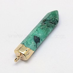 天然染色クリスタルペンシル先のとがったペンダント  黄ゴールデン真鍮パーツ  弾丸  ミックスカラー  30~52x8~9x8~9mm  穴：2mm&nbsp;G-L044-05