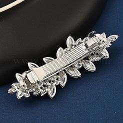 チベット風合金ラインストーンヘアバレッタ  プラスチック製の模造パールビーズ付き  葉  プラチナ  26.5x76x22mm&nbsp;LS-PHAR-P010-03P