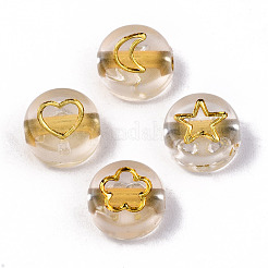 透明なアクリルビーズ  フラットラウンド  月とハートの花と星  ゴールデンロッド  7x4mm  穴：1.5mm&nbsp;X-TACR-N010-002A