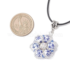 Handmade Blue and White Porcelain & Glass Seed Beaded Flower Pendant Waxed Cotton Cord Necklaces&nbsp;NJEW-MZ00141