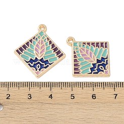 メッキ合金エナメルチャームラック  葉っぱのチャームが付いた菱形  カドミウムフリー＆ニッケルフリー＆鉛フリー  ターコイズ  28x25x2mm  穴：1.5mm&nbsp;FIND-I038-04G