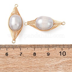 Copper Herringbone Wire-Wrapped Natural Pearl Round Links Connector Charms&nbsp;KK-Z152-02G-02