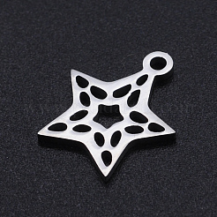 変色しない201ステンレススチールレーザーカットチャーム  中空スター  ステンレス鋼色  14.5x12.5x1mm  穴：1.5mm&nbsp;STAS-S105-T897-1