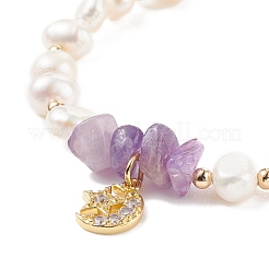 Natural Amethyst Chips & Pearl Beaded Bracelet&nbsp;BJEW-JB08236-02