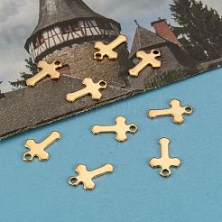 イオンプレーティング（IP）304ステンレススチール製小さなクロスチャーム  ゴールドカラー  15x10x1mm  穴：2mm&nbsp;X-STAS-L159-06G