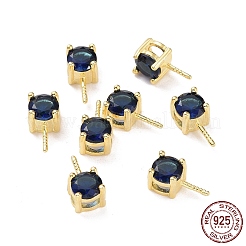 スターリングシルバーペグベイル925個  キュービックジルコニア付き  正方形  ゴールドカラー  ダークブルー  9x4x4.5mm  穴：2.5x1.5mm  ピン：0.6mm&nbsp;STER-D035-47G-01