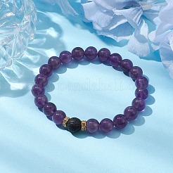 Natural Amethyst & Lava Rock Round Beaded Stretch Bracelets for Women&nbsp;BJEW-JB10797-02