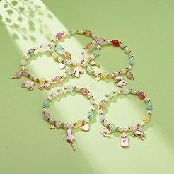 カラフルな合金エナメルかわいいチャーム ブレスレット  女性用プラスチック パール & アクリル & 合成ヘマタイト ラウンド ビーズ ブレスレット  混合模様  ペンダント：8~35x6.5~18.5x1~3.5センチメートル  内径：2-1/8インチ（5.5cm）&nbsp;BJEW-JB08661