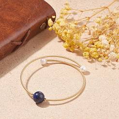 Natural Pearl & Lapis Lazuli(Dyed) Round Beaded Wrap Cuff Bangle&nbsp;BJEW-JB07923-02