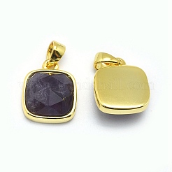 天然石アメジストペンダント  ゴールデントーン真鍮パーツ  正方形  多面カット  13x11x5mm  穴：3.5x5.5mm&nbsp;X-G-O176K-03G