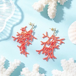Star with Coral Handmade Glass Seed Beads Tassel Stud Earrings&nbsp;EJEW-MZ00472