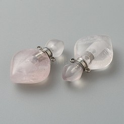 天然石ローズクォーツペンダント  プラチナ真鍮パーツ  開閉可能な香水瓶  37x21x11mm  穴：1.5mm&nbsp;G-B009-25P-B