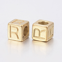 304 ステンレススチール 大きな穴文字 ヨーロッパ ビーズ  水平穴  文字.r付きのキューブ  ゴールドカラー  8x8x8mm  穴：5mm&nbsp;STAS-H428-01G-R