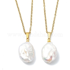 Natural Baroque Keshi Pearl Oval Pendant 304 Stainless Steel Cable Chain Necklaces&nbsp;NJEW-JN06135