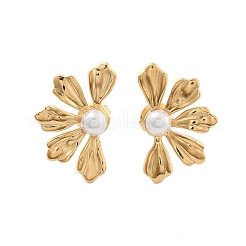 304ステンレススチールABSパールスタッドピアス  ホワイト  花  14x22mm&nbsp;EJEW-S226-07G-05