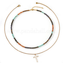 Stainless Steel Religion Cross Pendant Colorful Natural Mixed Gemstone Rondelle Beaded Double Layer Necklaces for Women&nbsp;TF5926