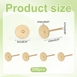 304ステンレススチール製イヤリング部品200個  フラットラウンド  24KGP本金メッキ  12x6x0.4mm  ピン：0.7mm&nbsp;STAS-ME0001-47