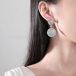 Flat Round Brass Micro Pave Clear Cubic Zirconia Dangle Stud Earrings&nbsp;FS-WG7979A-01