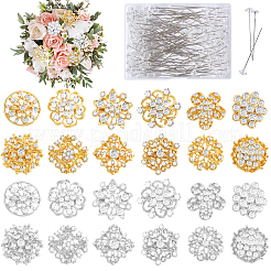花の合金ラインストーンブローチピン  プラスチックダイヤモンドヘッドストレートピン付き  ミックスカラー  ストレートピン：54x8.5mm  200pc  ブローチピン：19~28x19.5~28mm  24pc&nbsp;JEWB-GL0001-02