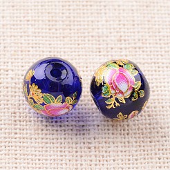 花絵プリントガラスラウンドビーズ  ダークブルー  10mm  穴：1mm&nbsp;GLAA-J087-10mm-A06