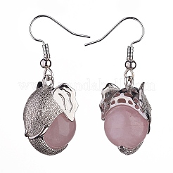 Natural Rose Quartz Elephant Head Dangle Earrings&nbsp;EJEW-A092-07P-10
