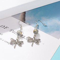 Round Natural Mashan Jade with Alloy Dragonfly Dangle Earrings&nbsp;EJEW-JE04855-02