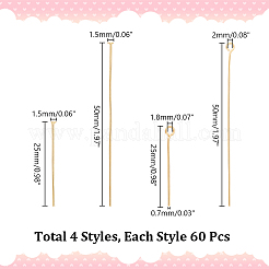240個 4スタイル 304ステンレススチール アイピン & フラットヘッドピン  18KGP本金メッキ  25~50x0.6~3mm  60個/スタイル&nbsp;STAS-UN0057-87