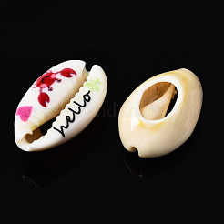 プリントされた天然のカウリーシェルビーズ  穴がない  カニ柄＆ワードハロー  クリムゾン  18~23x13~16x7~8mm&nbsp;SSHEL-N032-32