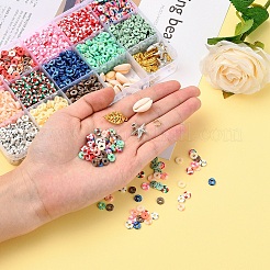 2600個のディスク/フラットラウンドポリマークレイビーズ  10個のヒトデと葉のccbプラスチックと合金のペンダント  10個の楕円形のシェルビーズ  亜鉛合金の留め金  鉄のパーツと弾性糸  DIYジュエリー作成キット用  ミックスカラー  ポリマークレイビーズ：2600個/セット&nbsp;DIY-YW0003-03