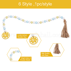 6Pcs 6 Style Wood & Fringed Beaded Pendant Decoration&nbsp;HJEW-CF0001-15