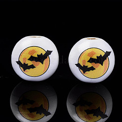 ハロウィンプリント天然木ビーズ  コウモリと丸い  ゴールド  15.5x14.5mm  穴：4mm&nbsp;WOOD-S057-086