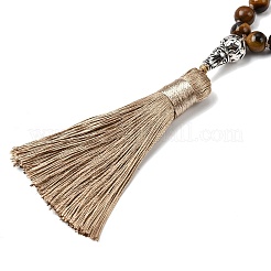Natural Tiger Eye Mala Prayer Round Beaded Wrap Necklaces with Long Tassel and Metal Tree of Life&nbsp;FS-WG93CBE-04