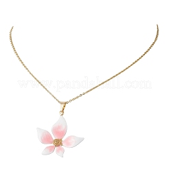 ピンクの花柄304ステンレススチール製エナメルペンダントアズキチェーンネックレス（女性用）  ゴールドカラー  15.55インチ（39.5cm）&nbsp;NJEW-JN05999