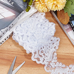 ポリエステルレーストリム  刺繍フラワー レース リボン プラスチック模造パール ビーズ  衣類用アクセサリー  ホワイト  5~5-1/8インチ（128~130mm）  約3ヤード/ロール&nbsp;OCOR-WH0070-43B
