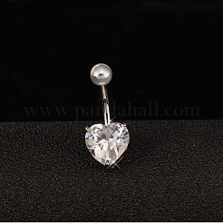 Platinum Plated Body Jewelry Heart Cubic Zirconia Brass Navel Ring Navel Ring Belly Rings&nbsp;AJEW-EE0001-01B
