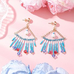 三角形のガラスシャンデリアピアス3組  シリンダーシードビーズとステンレススチールのスタッドピアス金具付き  ゴールドカラー  77.5x41mm&nbsp;EJEW-MZ00523