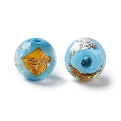 手作りのゴールド＆シルバーの箔ランプワークビーズ  ラウンド  ライトスカイブルー  10~10.5mm  穴：1.6~1.8mm  約40個/連  14.57インチ（37cm）&nbsp;GLAA-G107-07B-13