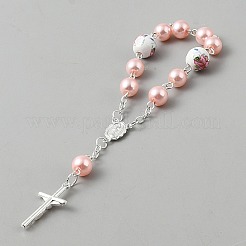 Plastic Imitation Pearl and Porcelain Round Link Metal Virgin Cross Charm Rosary Bracelets&nbsp;BJEW-WH0041-51A