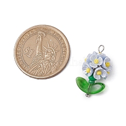 ガラスシードビーズの花のペンダント  樹脂と真鍮の金具付き  ライトスチールブルー  25x14x13mm  穴：3x2.5mm&nbsp;X1-PALLOY-MZ00521-03