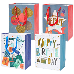 4Pcs 4 Styles Birthday Theme Printed Rectangle Paper Bags with Ribbon Handle&nbsp;ABAG-SP0001-20