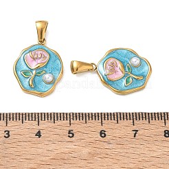 304ステンレススチールエナメルペンダント  花のお守りが付いたナゲット  ABSの模造パールと  イオンプレーティング（ip）  長持ちメッキ  ゴールドカラー  ゴールドカラー  21x16x4mm  穴：2.5x6mm&nbsp;AL-CBA618D-01G-D