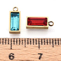 304ステンレススチールガラスチャーム  長方形  18KGP本金メッキ  多面カット  イオンプレーティング（ip）  ミックスカラー  10x4x2.5~3mm  穴：1.2mm&nbsp;STAS-N110-20G