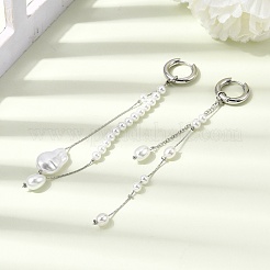 女性用304ステンレススチール＆ガラスパールタッセルフープピアス  ナゲット  左右  ステンレス鋼色  108ミリ＆105.5mm&nbsp;EJEW-G463-01P