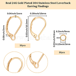 304ステンレススチールフレンチフックピアス金具30個  30 個ラックメッキ真鍮丸カン  24KGP本金メッキ  16.5x10x2mm  ピン：1mm&nbsp;STAS-BBC0009-23
