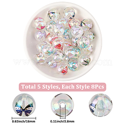 40個 5色 UVメッキ 虹色透明アクリルビーズ  プリント付き  ラウンド＆bowknot  ミックスカラー  16mm  穴：2.8mm  8個/カラー&nbsp;OACR-SP0001-99