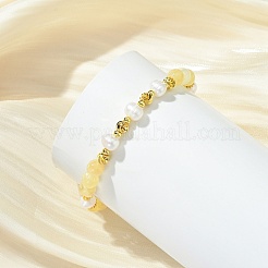 Round Natural Golden Silk Jade & Cultured Freshwater Pearl & Brass Beaded Stretch Bracelets for Women&nbsp;BJEW-JB14060-02