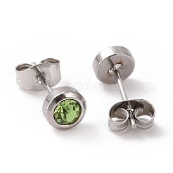 ラインストーン カラム スタッド イヤリング  女性用ステンレスカラーメッキ304ステンレスジュエリー  ペリドット  15x6mm  ピン：0.8mm&nbsp;EJEW-H357-04P-05