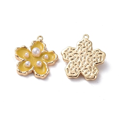エナメルチャーム  真鍮パーツとアクリルパール  18KGP本金メッキ  花  きいろ  16.5x15x4mm  穴：1mm&nbsp;LS-KK-G377-05G-01