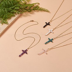 天然混合宝石ビーズクロスペンダントネックレス  女性用ゴールデン 304 ステンレススチール ジュエリー  17.72インチ（45cm）&nbsp;NJEW-JN04236
